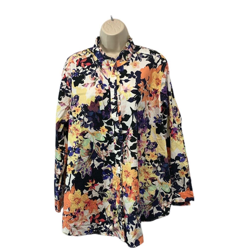 Signature Collection Womens Bottom Down Long Sleeve Top Floral Ruffle Neck Sz 1X